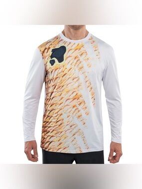 Men's White Long Sleeve Shirt with Gold Fish Scale Print